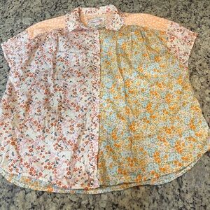 American Eagle Outfitters Floral Patchwork Blouse - Orange and Blue